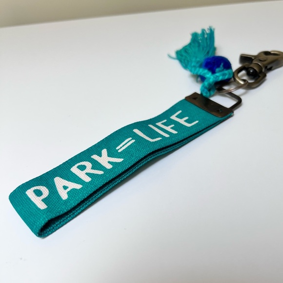 Dog lover keychain. ‘Park=Life.’ Antique brass clip. Pompoms. - Picture 2 of 5